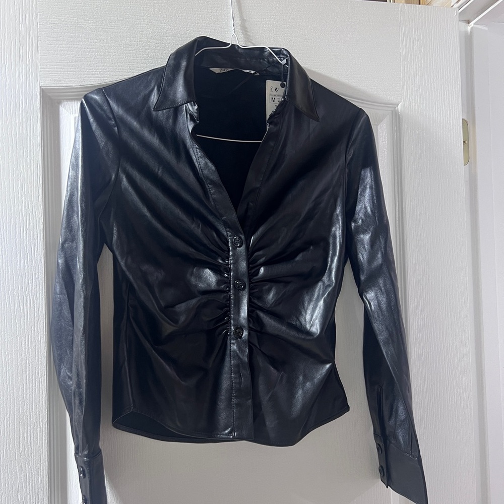Zara Black Leather Button-Up Jacket